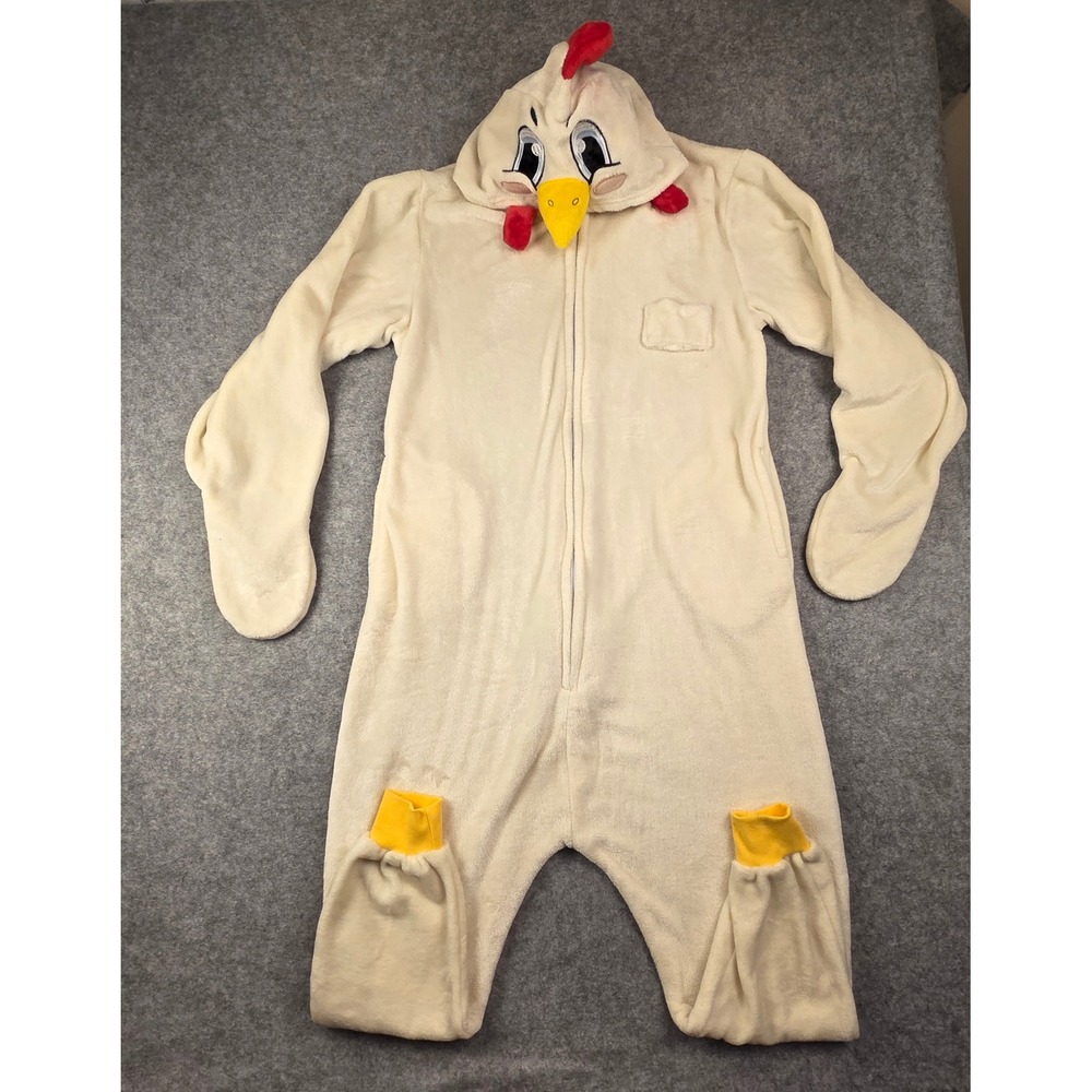 Chicken Rooster Plush Fleece Hooded Union One Piece Zip Suit Pajamas Cream Sz L